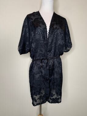 Vintage Black Satin Robe Floral Semisheer Fabric Sz Medium Dressing Gown